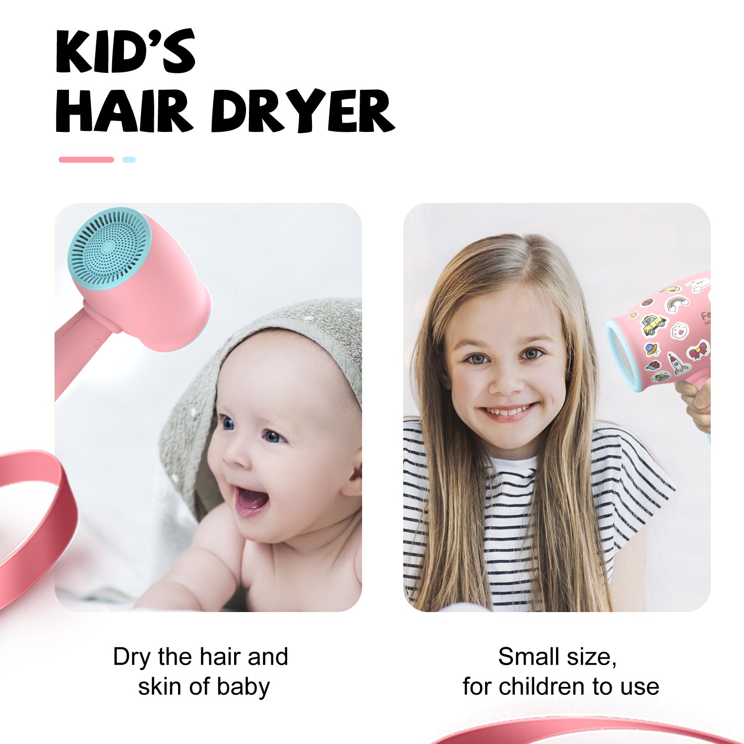 Kids Hair Dryer, Kids Blow Dryer for Girls, Low Noise Gentle Heat for Kids Skin - Image 2